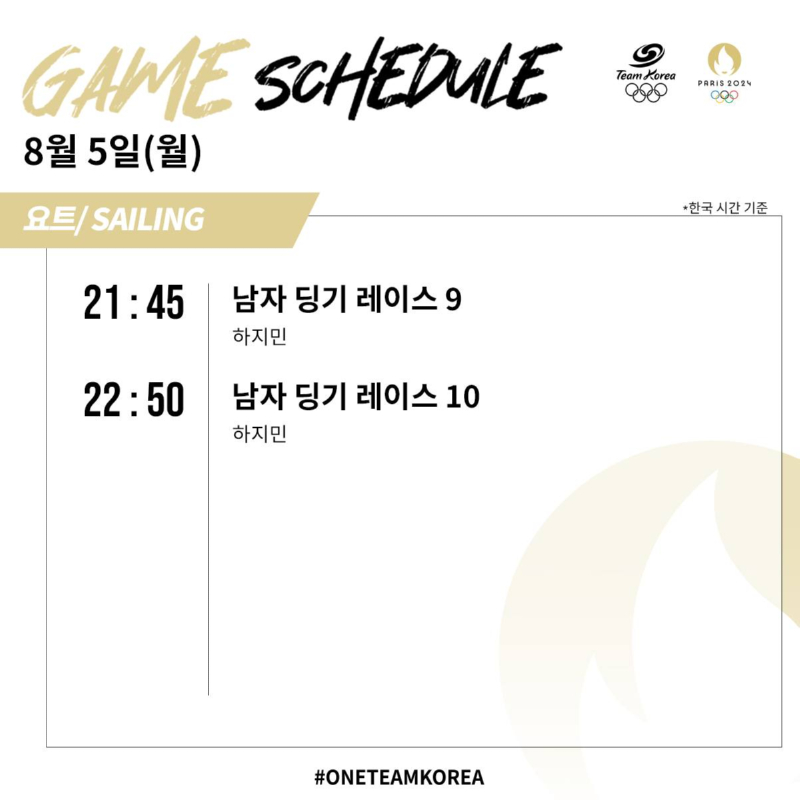 하지민, 파리올림픽 8월 5일 출전 경기 일정